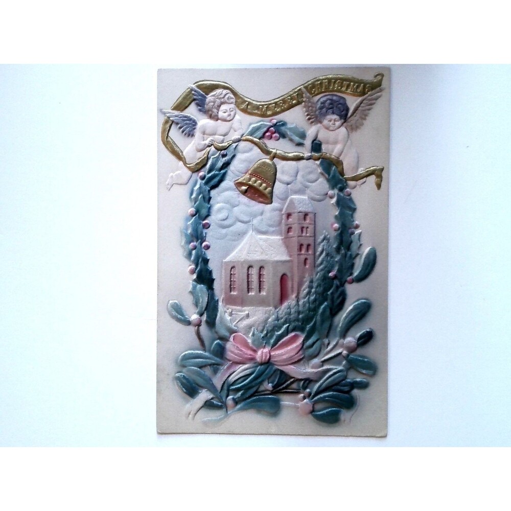 Embossed Christmas Postcard Cherubs Church Bell Holly Mistletoe 1904 Posted